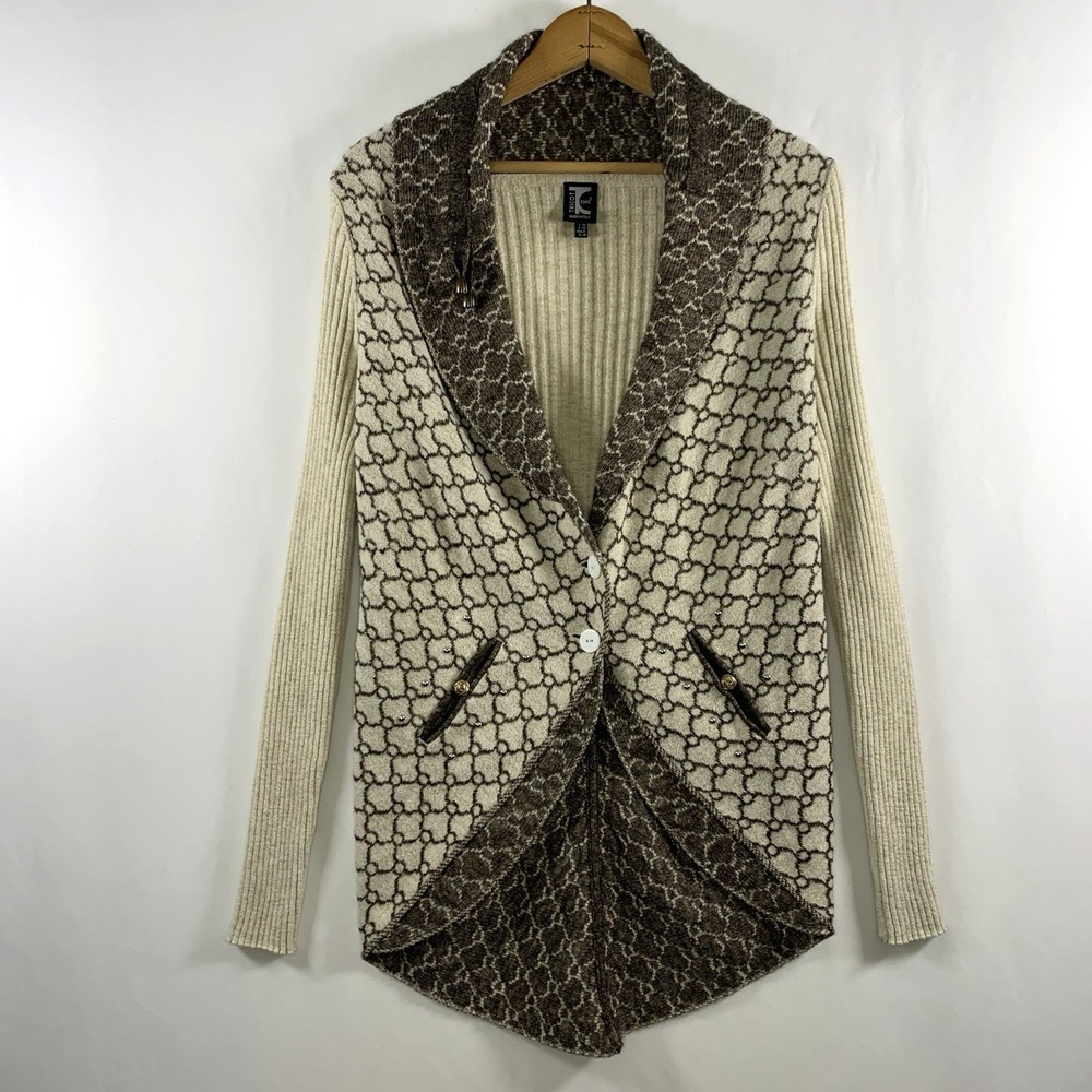 Neutral Cream and Brown Patterned Shawl Collar Sweater Cardigan